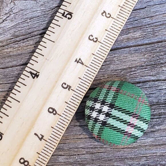 Green Black White Tartan Plaid Fabric Button Earrings - Picture 5 of 6